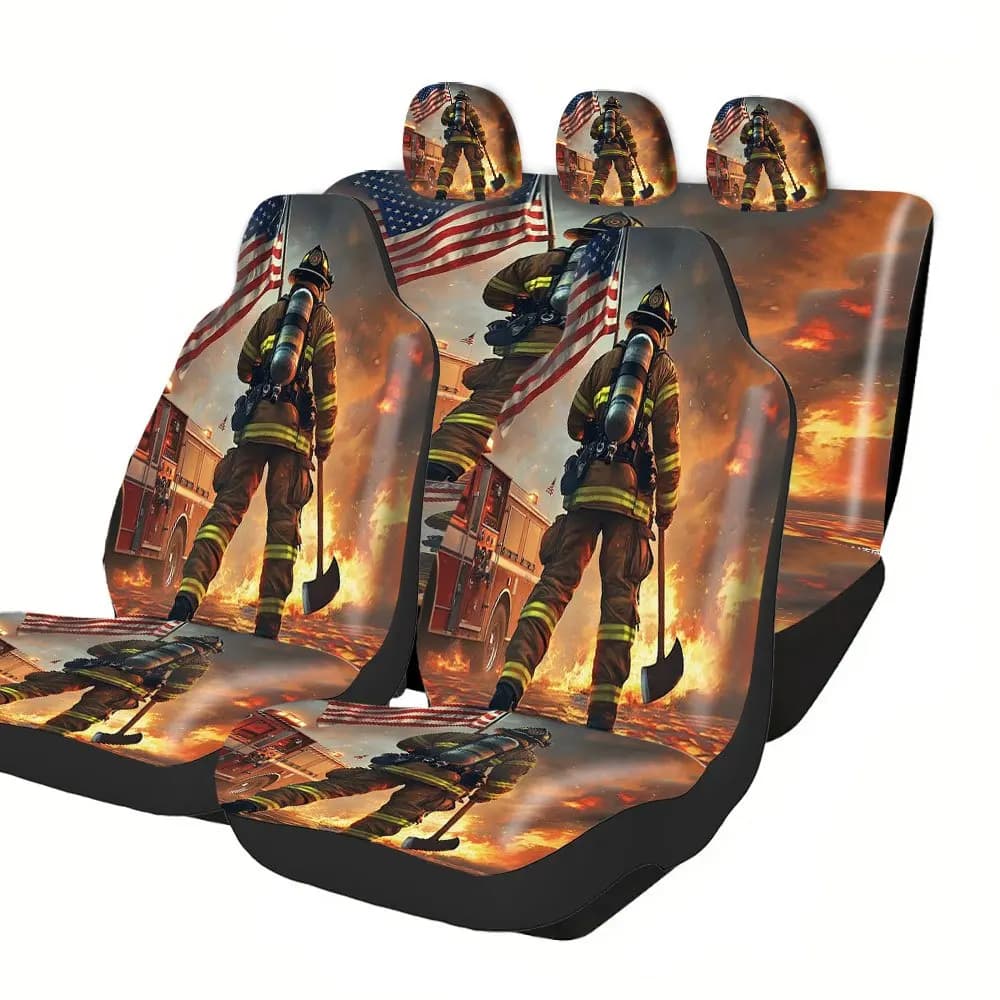 Trendy Print Car Seat Covers Full Set Fit Holiday Premium Material Comfortable Breathable Firefighter American Flag Fire Scene