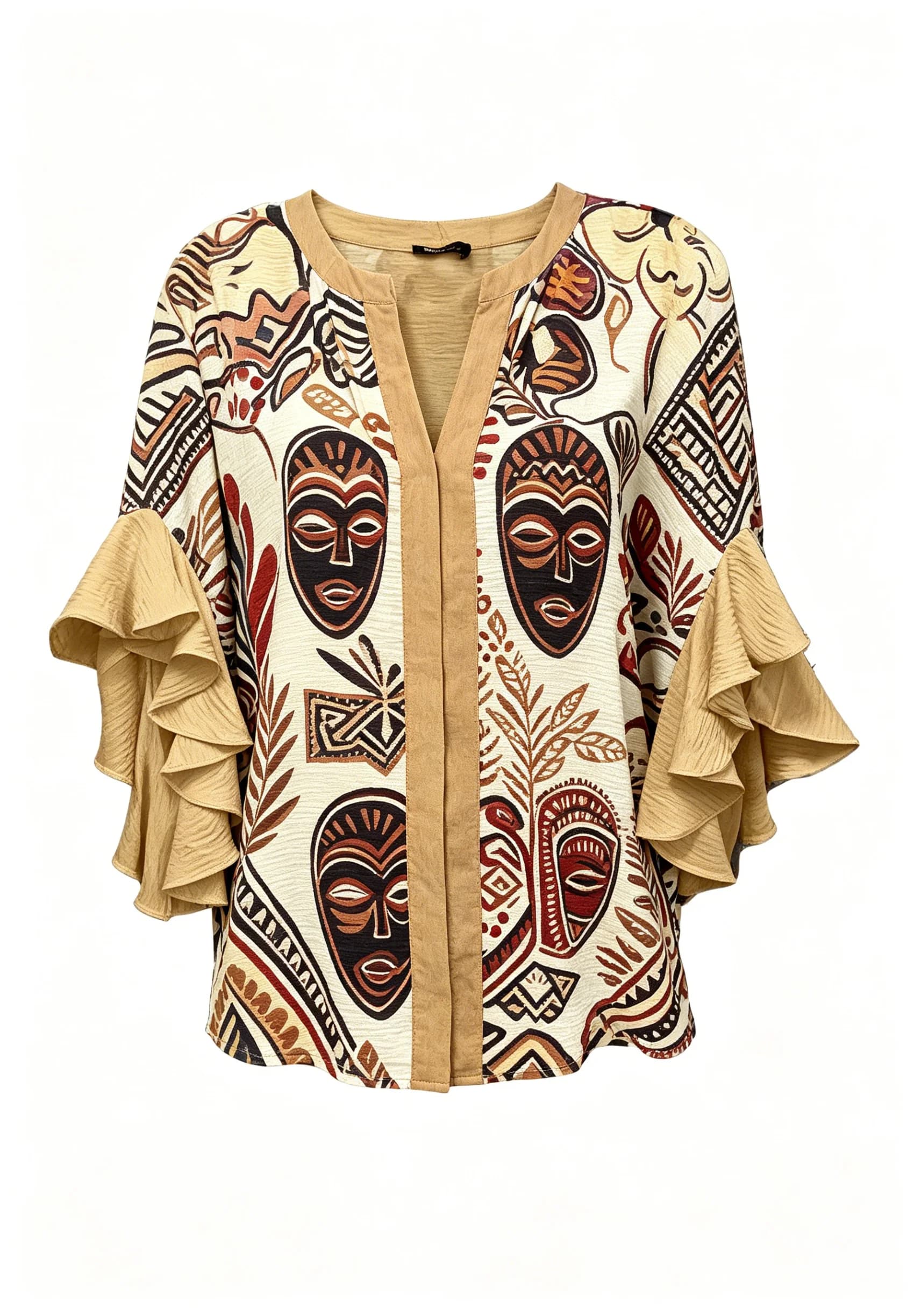 Camicetta da Donna con Stampa di Maschere Tribali Africane e Maniche a Volant, Top Casual per Primavera Estate, Abbigliamento Quotidiano e Occasioni Culturali