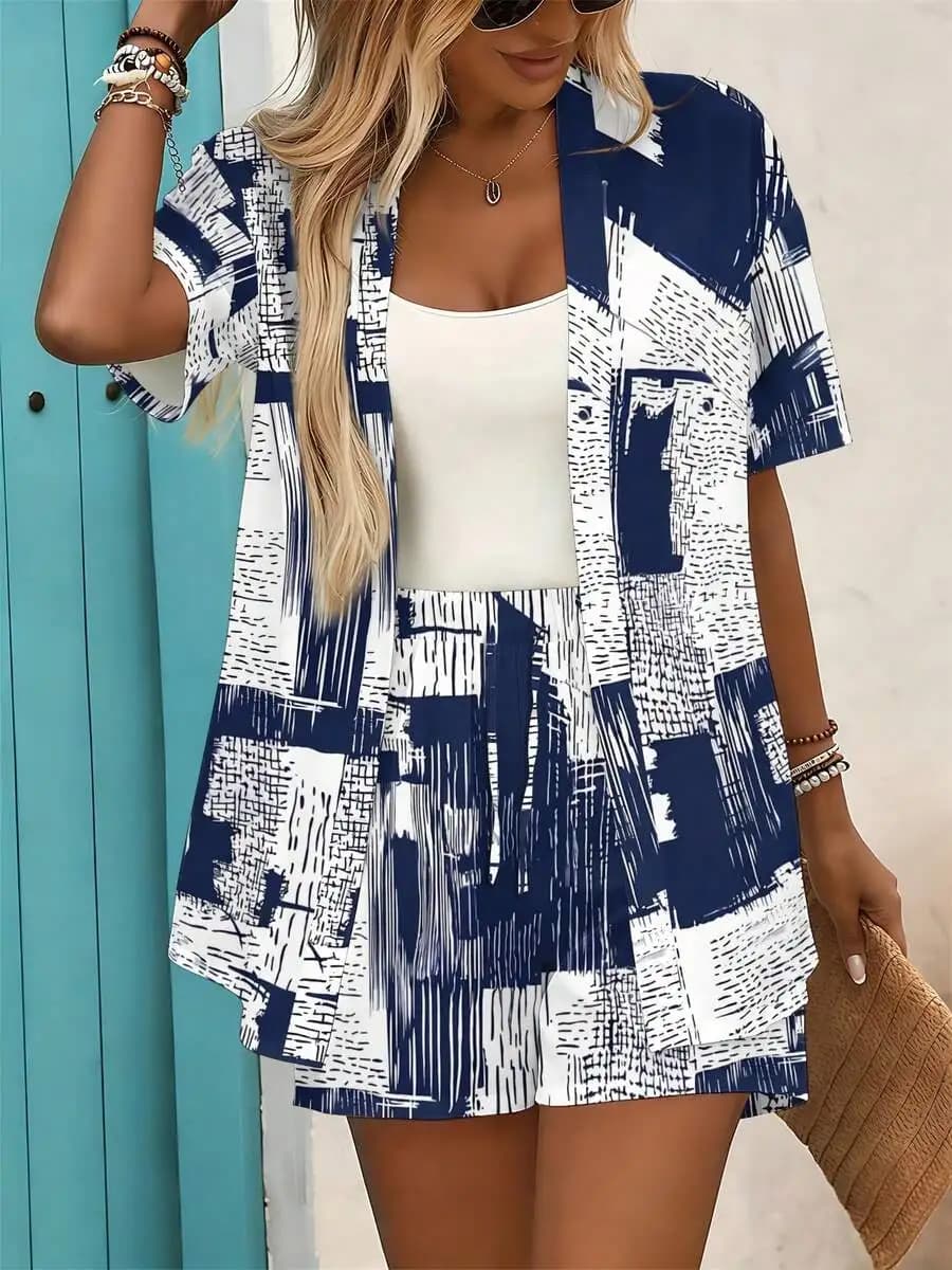 Set di cardigan e pantaloncini da donna con stampa geometrica astratta, completo estivo casual blu e bianco