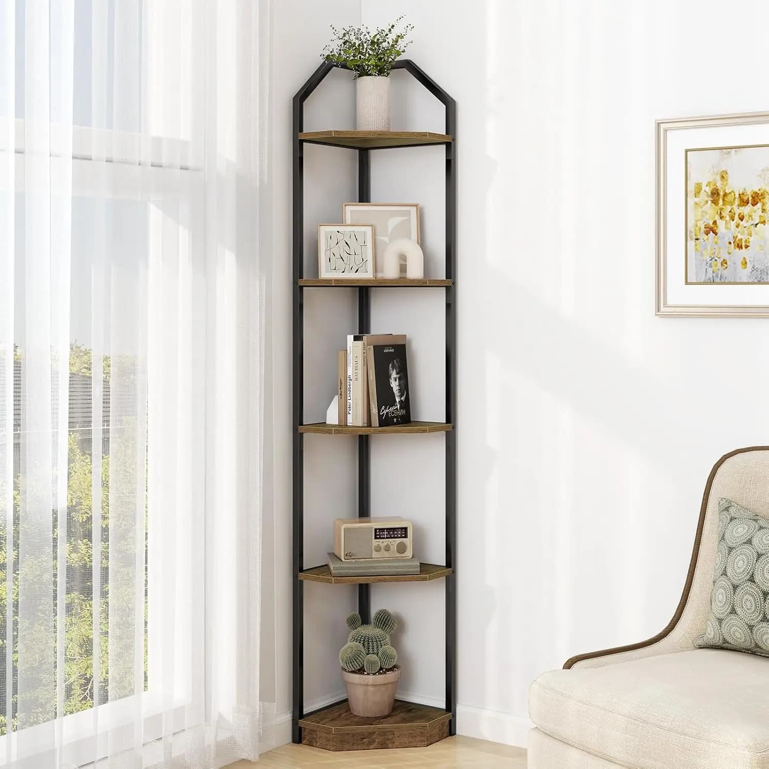 Scaffale Angolare a 5 Ripiani da 70 Pollici, Libreria Alta per Soggiorno, Espositore per Piante, Organizzatore Multiuso per Camera da Letto, Bagno, Spazi Ristretti (Marrone)