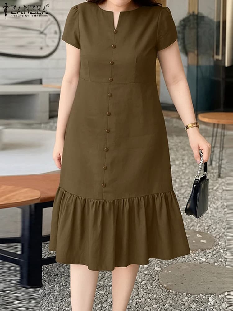 Elegant summer dress 2025 ZANZEA Woman Elegant V-neck Longuette Dresses Office work Summer dress Short sleeves Solid dresses Robe dresses
