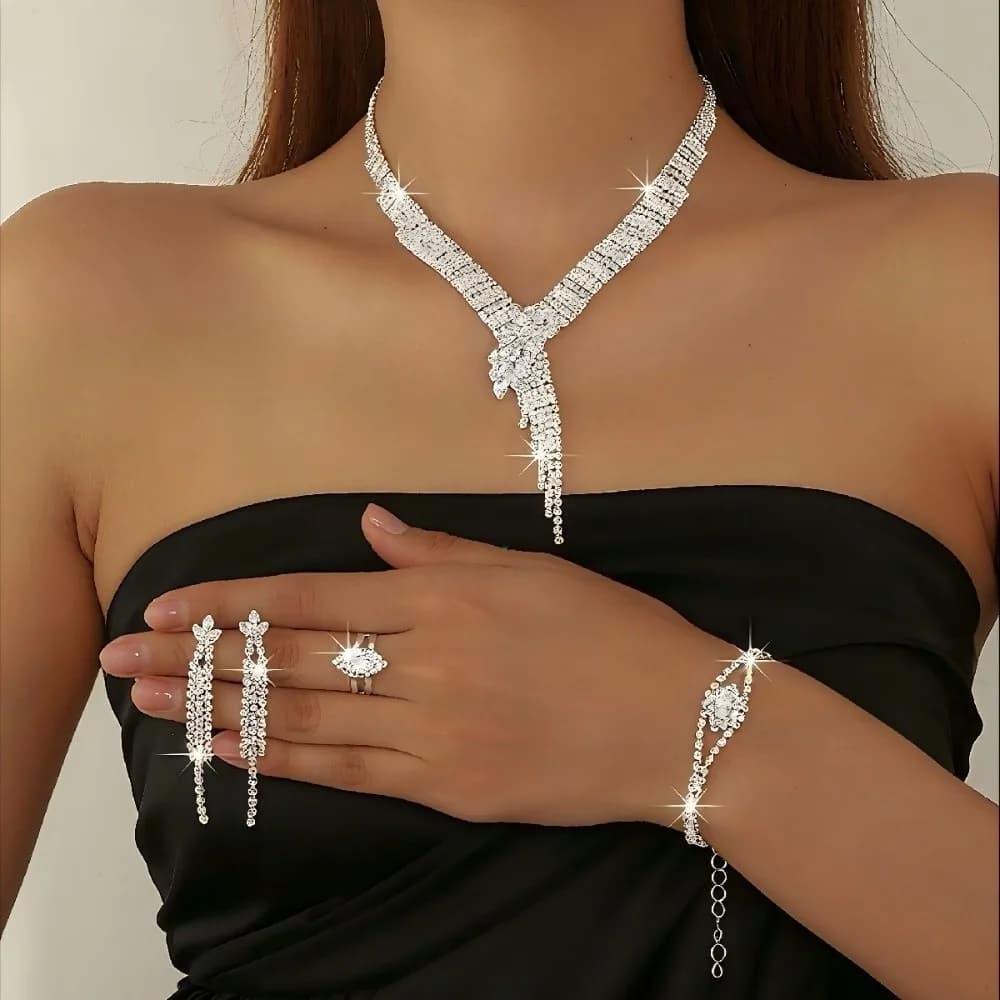 Elegante Set di Gioielli a Spiga di Grano Scintillante con Collana a Catena in Rame, Orecchini e Bracciale, Lussuosi Ornamenti Formali in Cristallo per Matrimoni