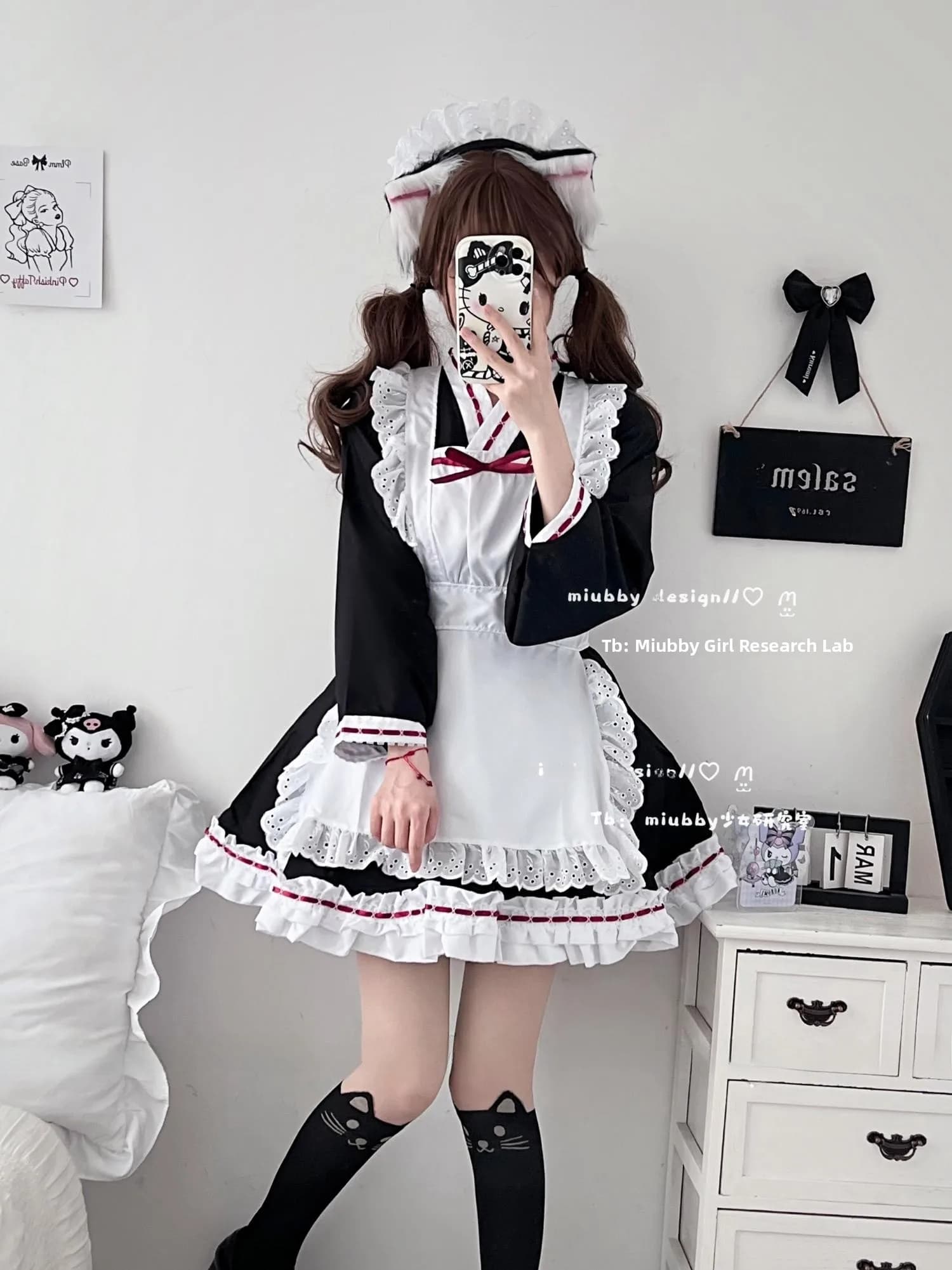 Original Tokyo Sakura Song Soft Girl Improved Lolita Maid Uniform White Lace Daily Dress Japanese Style Three-piece Set