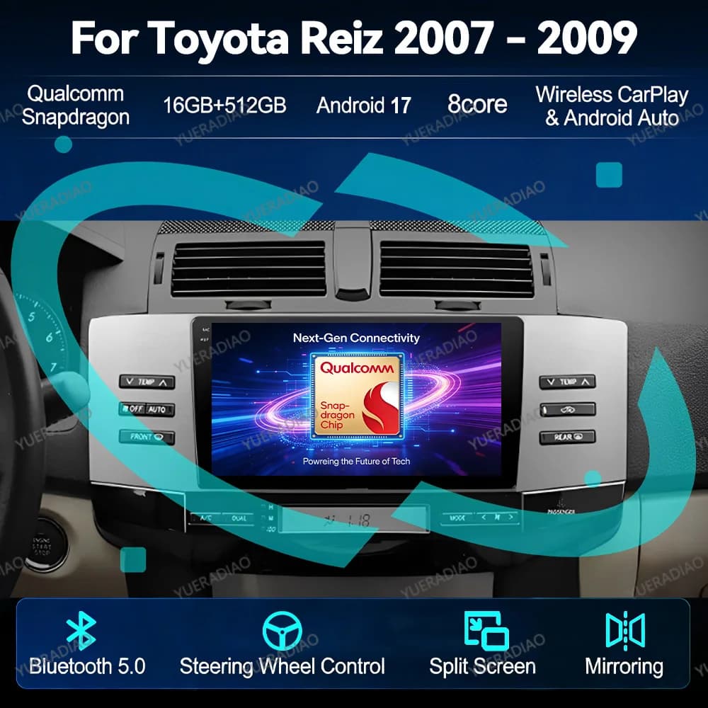 Android 17 Car Radio For Toyota Reiz Mark X 2005 2006 2007 2008 2009 DVD SWC Double Din Mirror Link Head Unit Carplay Auto 2DIN