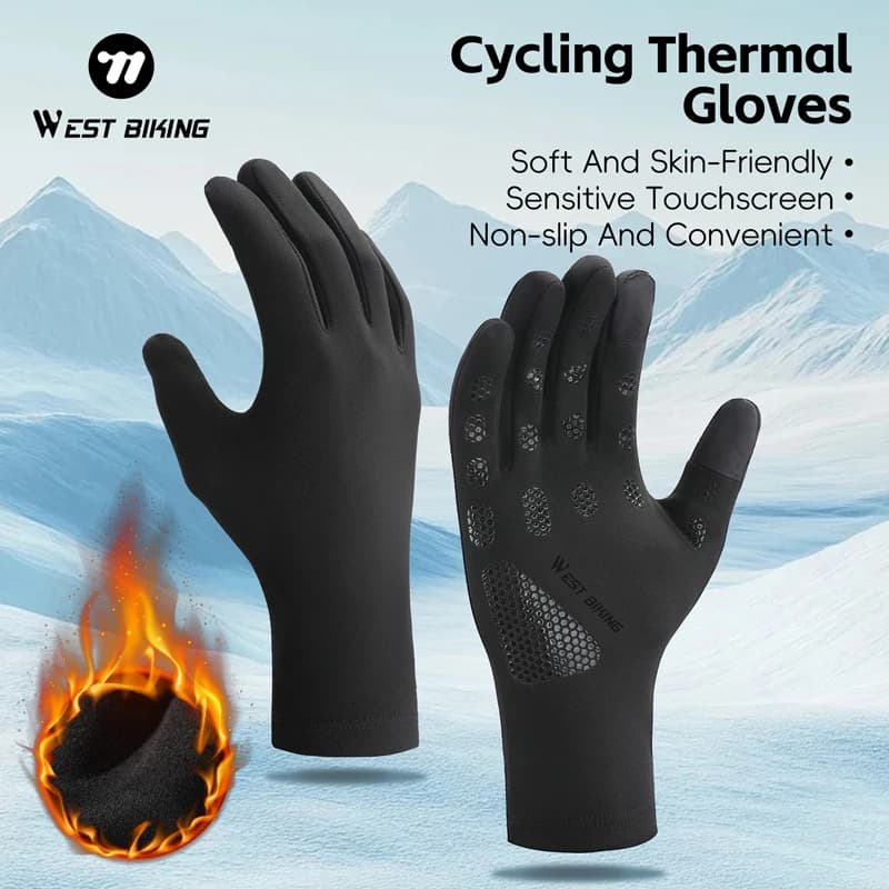 WEST BIKING Thermal Cycling Gloves Winter Fleece Windproof Bike Gloves Full finger touch screen Outdoor cycling equipment