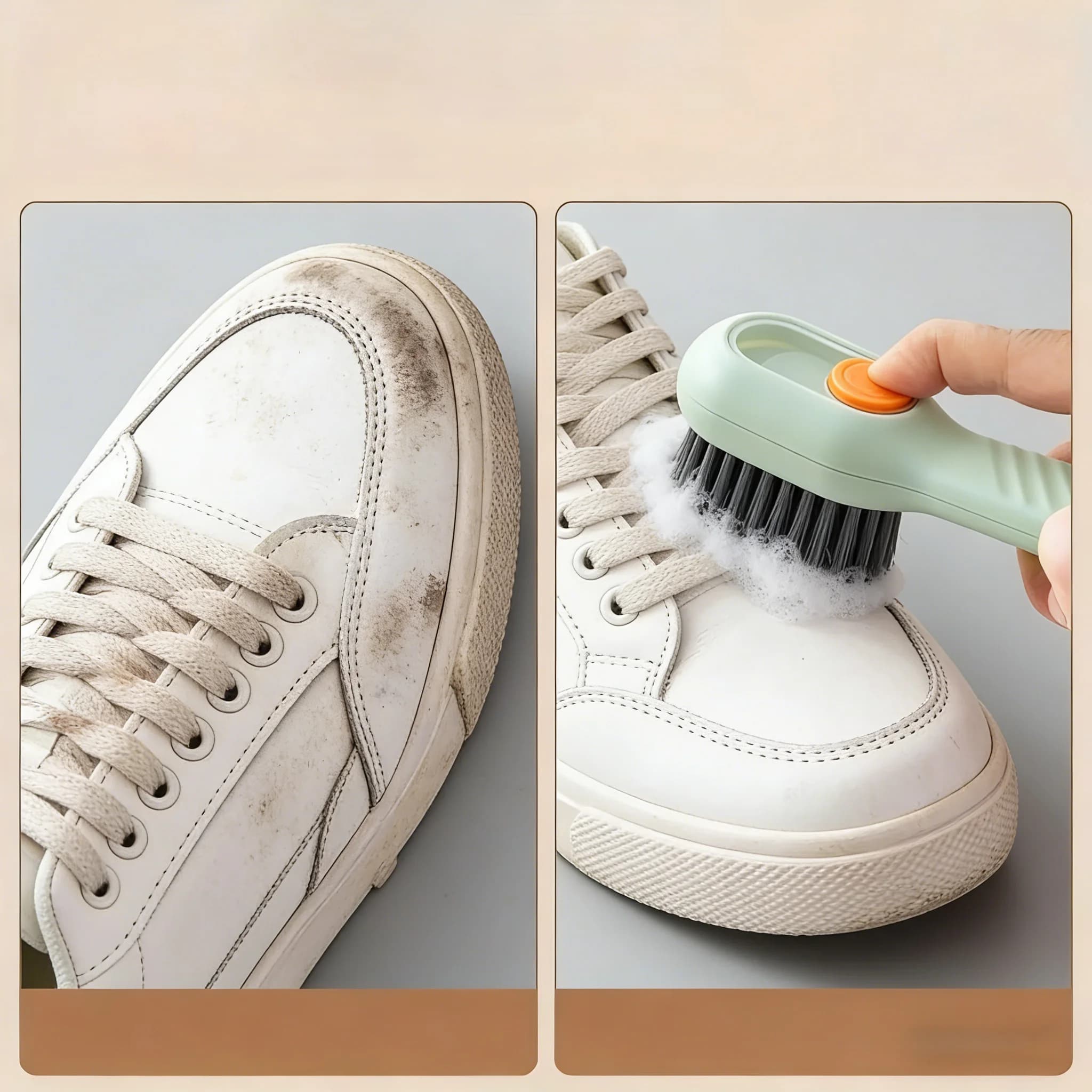 Spazzola per scarpe verde a prova di perdite con dispenser di sapone integrato – Liquido a pressione per una pulizia senza sforzo delle sneaker