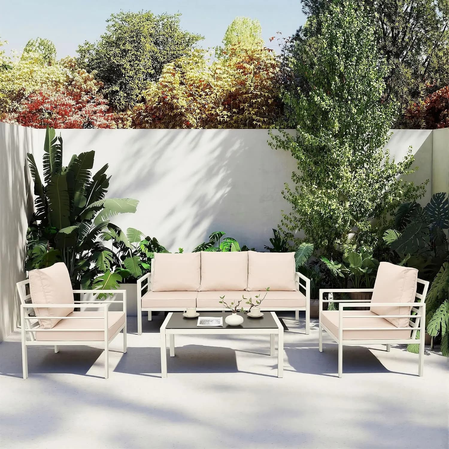 Patio Furniture Set 4 Pieces Outdoor Conversation Sets Backyard Chair Outside Couch with Coffee Table, Khaki Cushion, Custom