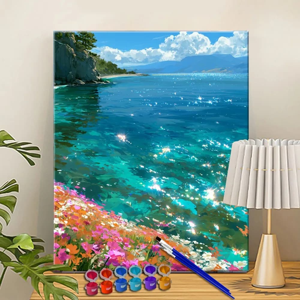 Painting By Numbers Coastal Flowers Sparkling Acrylic Paint Canvas Dropshipping Portrait Family Children Photo Christmas gifts