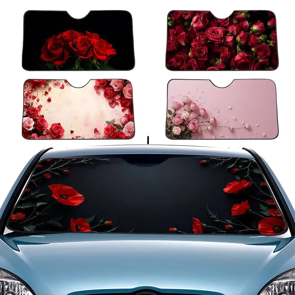 Parasole per auto con motivo rosso rosa e nero - Misura universale 70x130 cm, protezione UV e copertura per parabrezza per decorazioni auto