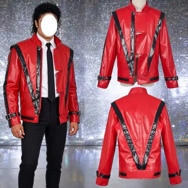 Giacca Cosplay da Uomo per Imitatore di Michael Jackson, Costume per Feste di Halloween, Cappotto Rosso in Pelle per Thriller