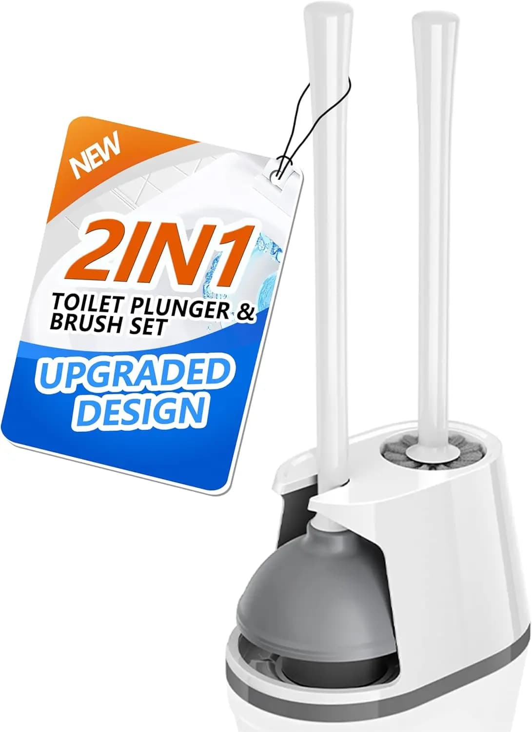 Set 2-in-1 Spazzola per WC e Sturalavandini con Supporto per Pulizia Profonda, Adatto per Scarichi da 5,3 Pollici, Bianco e Grigio