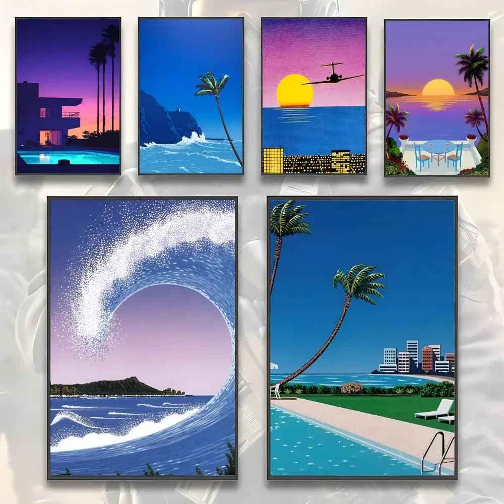 Hiroshi Nagai Vaporwave Japan Beach Painting Calligraphy HD Diamond Poster living room bedroom bar aesthetic decoration