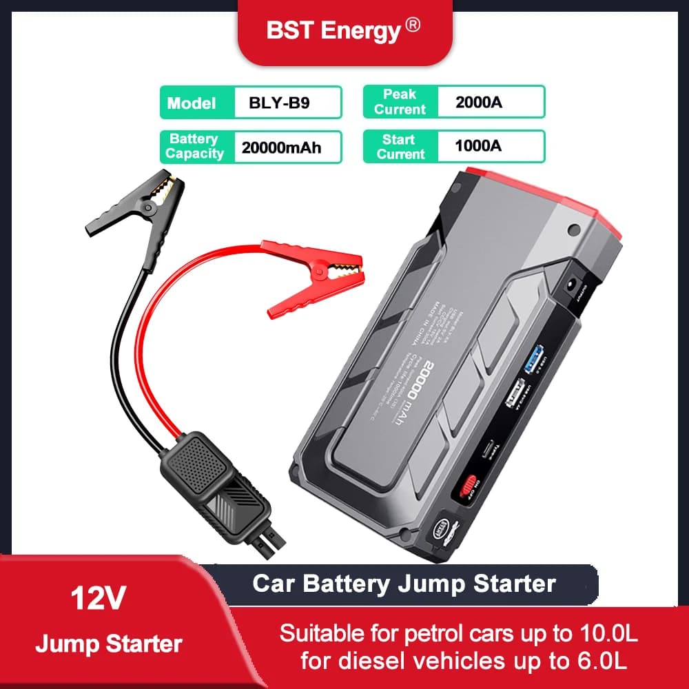 12V 2000A Avviamento di emergenza per auto 1600A 1200A 1000A 800A Batteria di emergenza portatile Booster LED Torcia elettrica Accumulatori e caricabatterie di riserva Auto Avviamento rapido