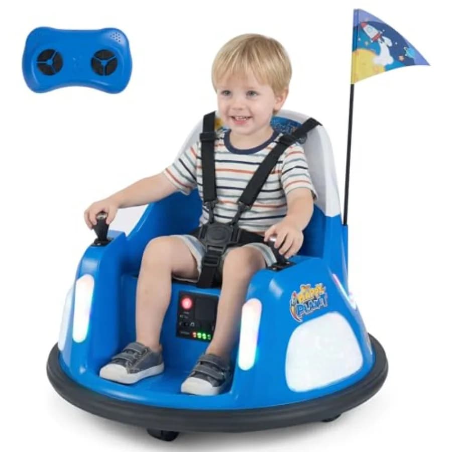 Auto Elettrica Blu 12V per Bambini con Cintura di Sicurezza a 5 Punti, 5 Modalità di Illuminazione LED, Musica, Rotazione a 360 Gradi, Alimentata a Batteria