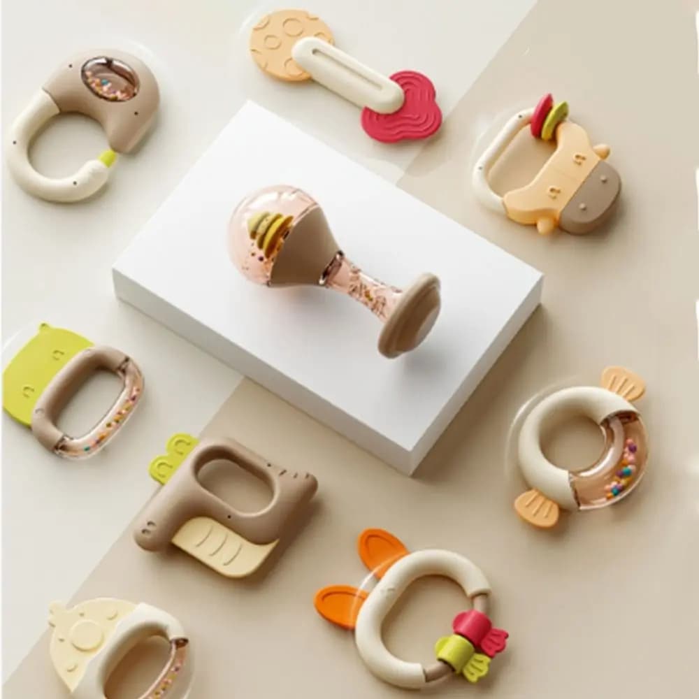 5/6Pcs Creative Silicone Cartoon Rattle Soft Animal Shape Baby Health Teether Ring Design Anti-Chew Handheld Baby Teething