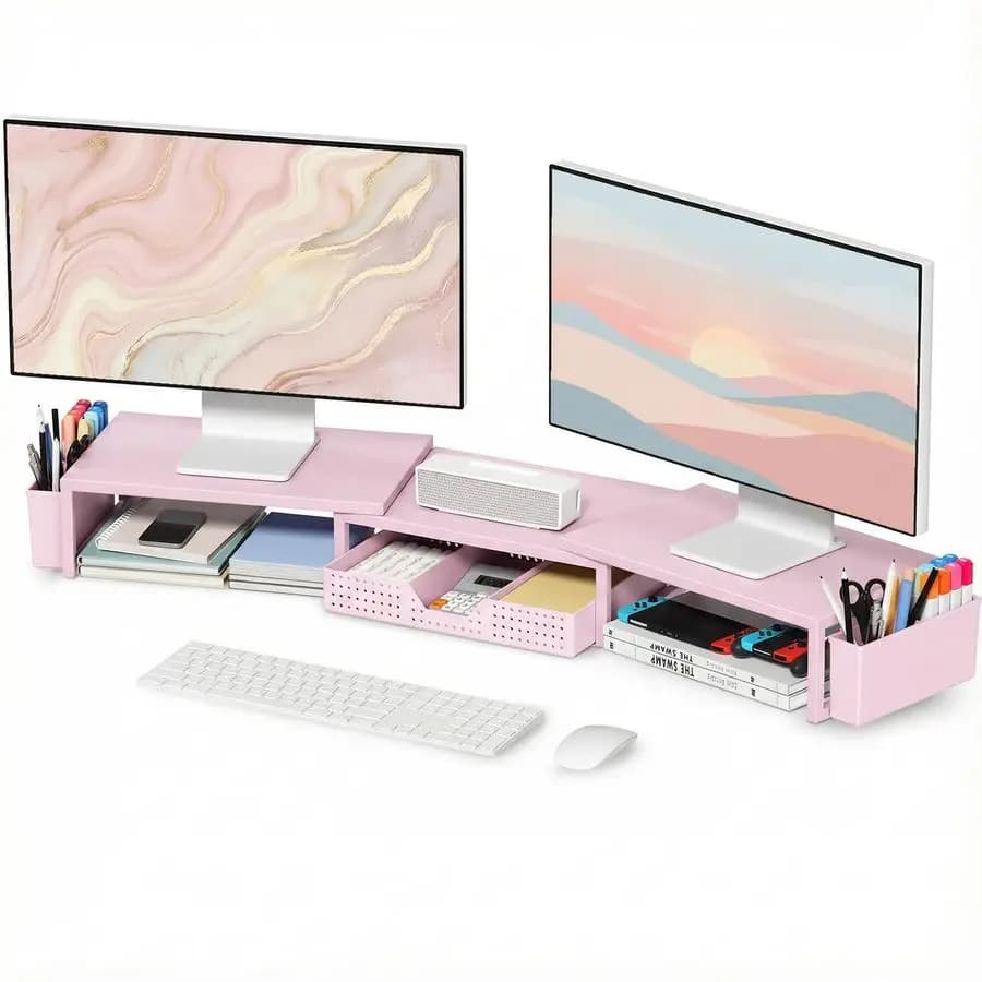 Organizzatori e Accessori da Scrivania Rosa per Donne, Supporto per Doppio Monitor con Cassetto e 2 Portapenne, Accessori per Ufficio