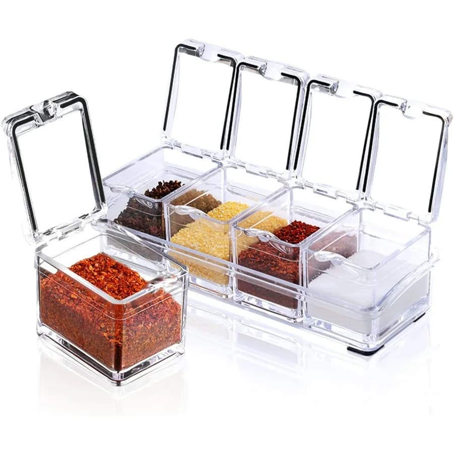 Pentole per spezie da cucina in acrilico, set di scatole per condimenti trasparenti da 4 pezzi, vasetti per condimenti per contenitori per spezie, sale, zucchero, galhetta, stagione
