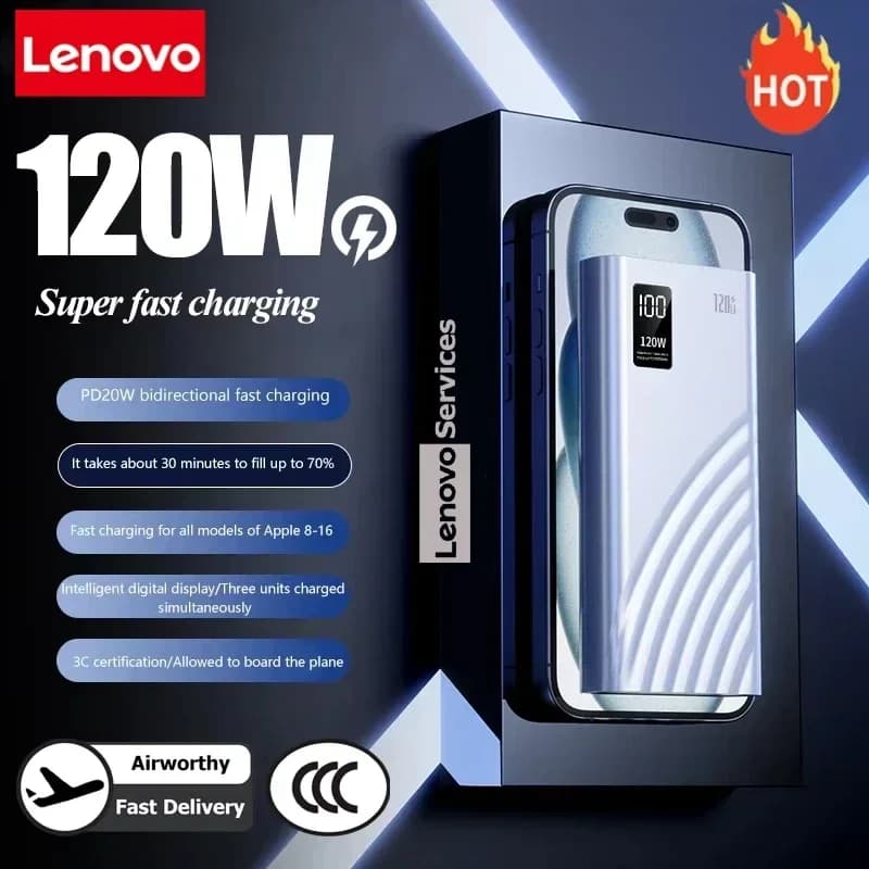 Lenovo 50000mAh Jump Starter 120W Super Fast Charging Ultra Capacity External Battery With LED Digital Display For IPhone 2026