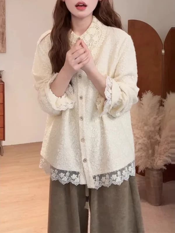 Camicia Unica e Bellissima in Pizzo a Maniche Lunghe per Donne Curvy, Top Invernale/Autunnale Plus Size dal Design Elegante che Nasconde le Forme e Snellisce