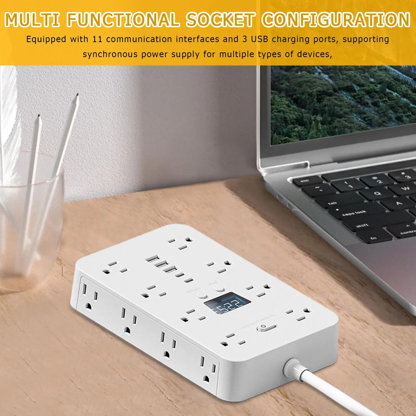 Smart Energy Strip 11 Catches CA Extension Cable 4.9 feet with 3 USB ports for wall dorm car home travel office stay
