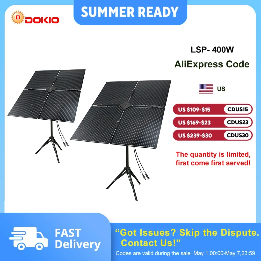 Kit Pannello Solare Portatile DOKIO 400W con Lame Staccabili e Angolo Regolabile (8x50W) per Campeggio, Patio, Viaggi