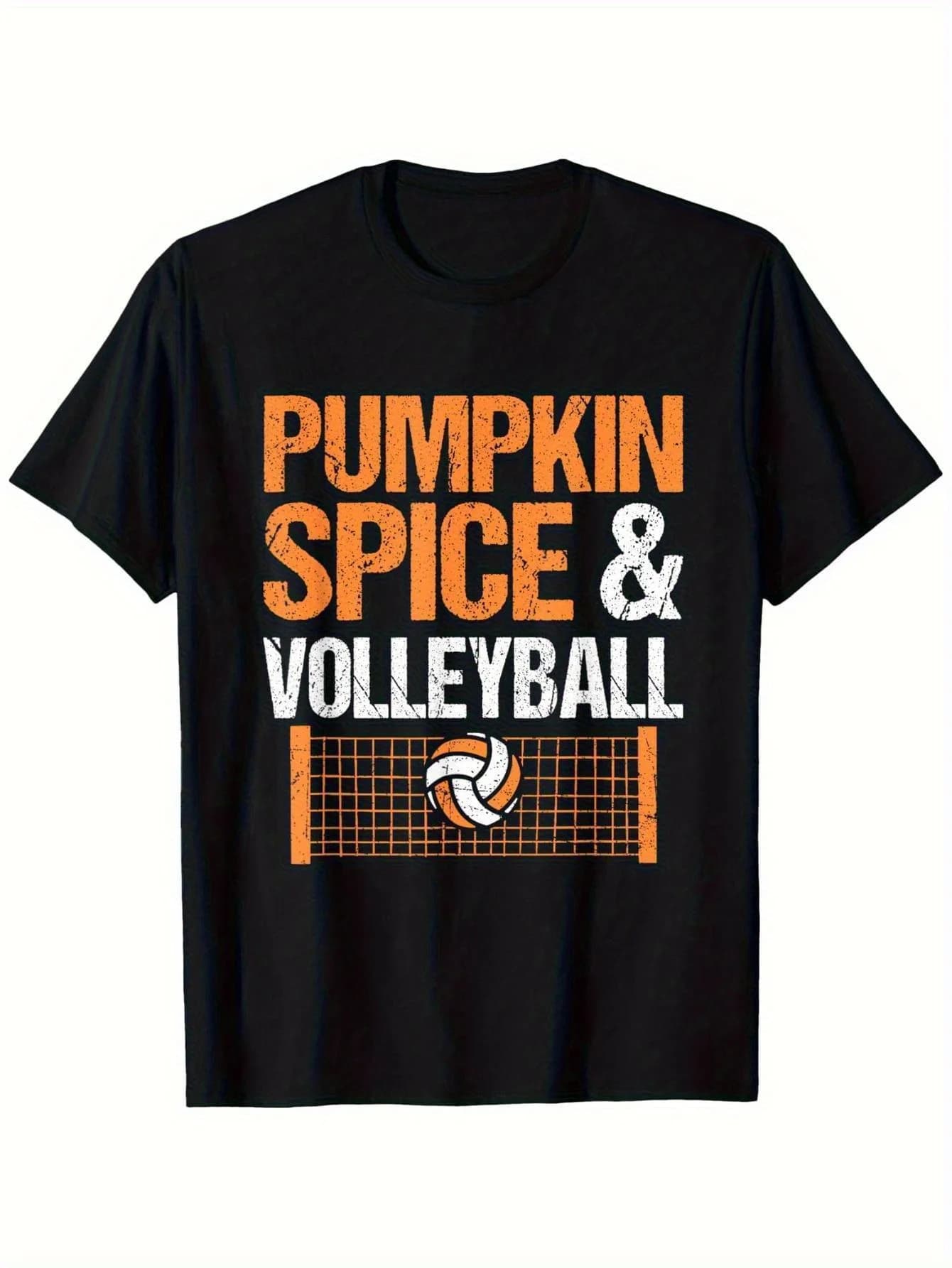 T-shirt Pumpkin Spice e pallavolo nera a maniche corte con stampa arancione sorprendente con design a rete da pallavolo
