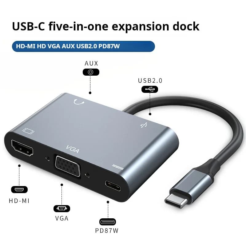 5in1 USB 3.0 Hdtv Hub Ultra-Slim Data USB Splitter with 4KHDTV VGA USB PD100W Audio Laptop Surface Pro PS4 Drive Flash Drive