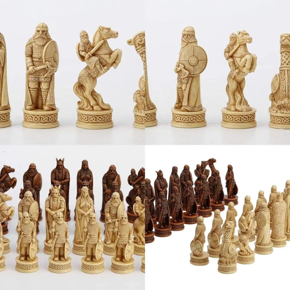 Set di scacchi vichinghi 3.25 realizzati a mano in resina avorio con base in legno per la decorazione domestica