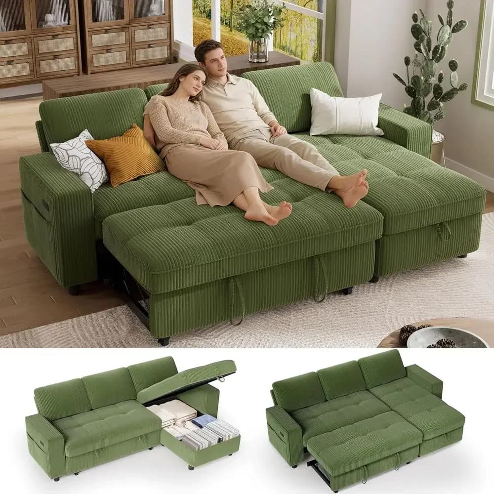 Green L-Shaped Corduroy Sectional Sleeper Sofa with Reclining Backrest, Storage, and USB Charging