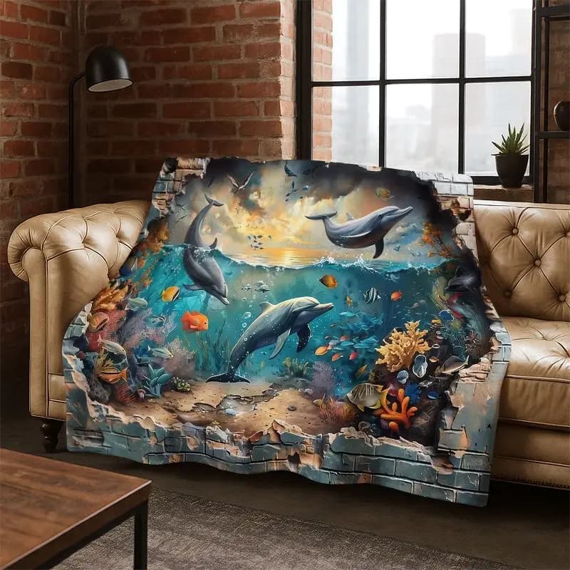 Coperta in Flanella con Illusione 3D del Mondo Sottomarino, Vita Marina, Squali e Delfini, per Camera da Letto, Soggiorno, Viaggio