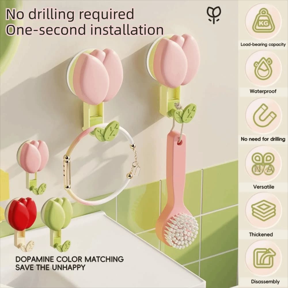 Ganci a ventosa in plastica a forma di tulipano, facili da installare, rimovibili, senza foratura, da parete, graziosi ganci a forma di fiore, porta asciugamani da cucina