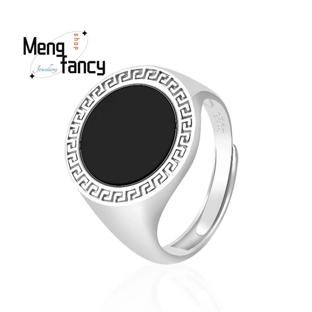 Natural Jade A Goods Emerald Round Ring S925 Silver Inlaid High-Grade Atmosphere Adjustable Men's Ring For Men Fashion Jewelry