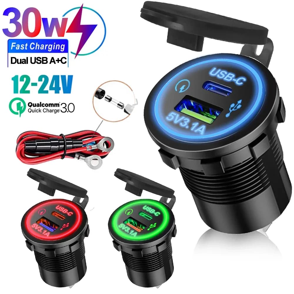 Dual USB Fast Charging Type-c USB-C Socket 12V To 5V 12-24V Charger Car Motorcycle Dual Connector Charger Adapter Outlet Power