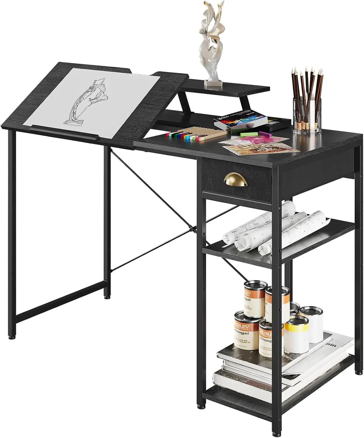 BestsellerDrafting Table With Storage Shelves & Drawer, 43" Adjustable Art Desk With Monitor Stand, Tiltable Drawing Table For A