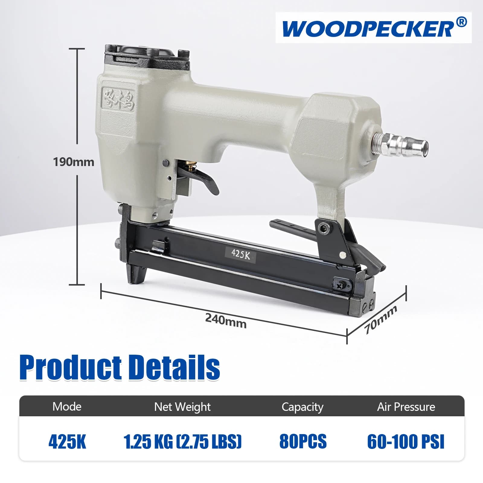WOODPECKER 425K Pistola Sparapunti Pneumatica per Tappezzeria con Filo Fine da 5,6mm, Lunghezza Gambo 16-25mm per Mobili e Tappezzeria