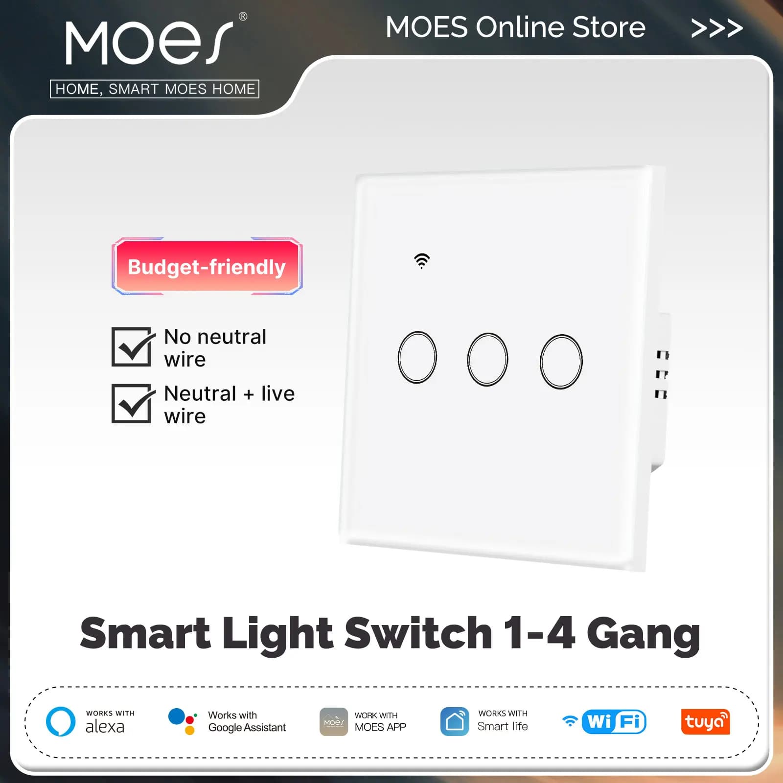 Tuya WiFi Smart Light Glass Switch Touch Control fire-retardant no neutral cable required remote control works with Alexa Google Home
