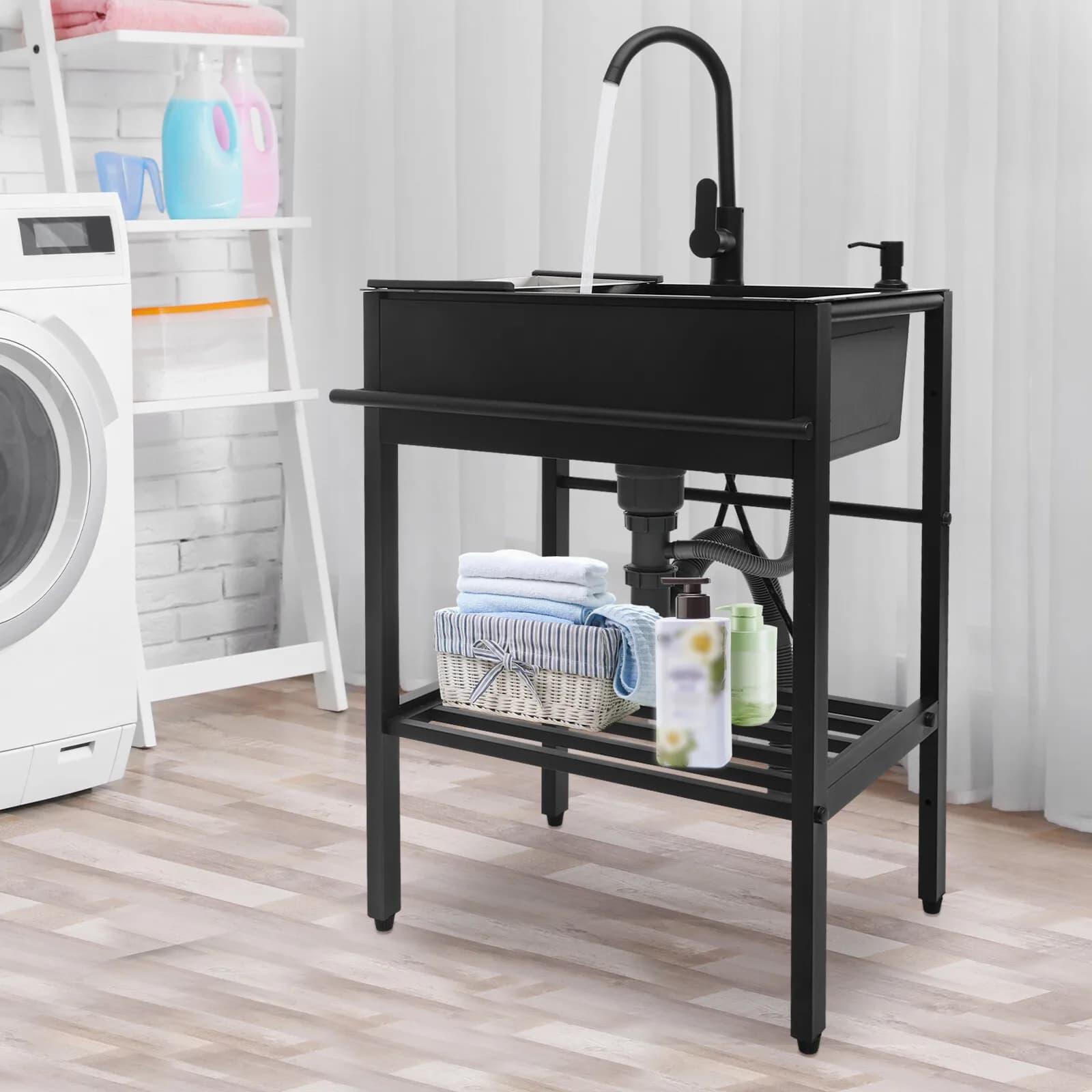 Lavello autoportante nero pensativo con portasciugamani da 24 pollici e ripiano inferiore - Rivestimento nano e strato di isolamento acustico, 4 gambe ispessite