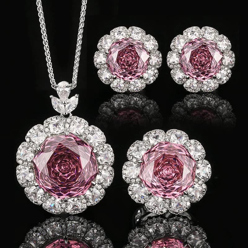 Rose Cut Pink CZ Jewelry Set Pendant Necklace Stud Earrings Halo Round Flower Cubic Zirconia Luxury Wedding Party Women Jewelry