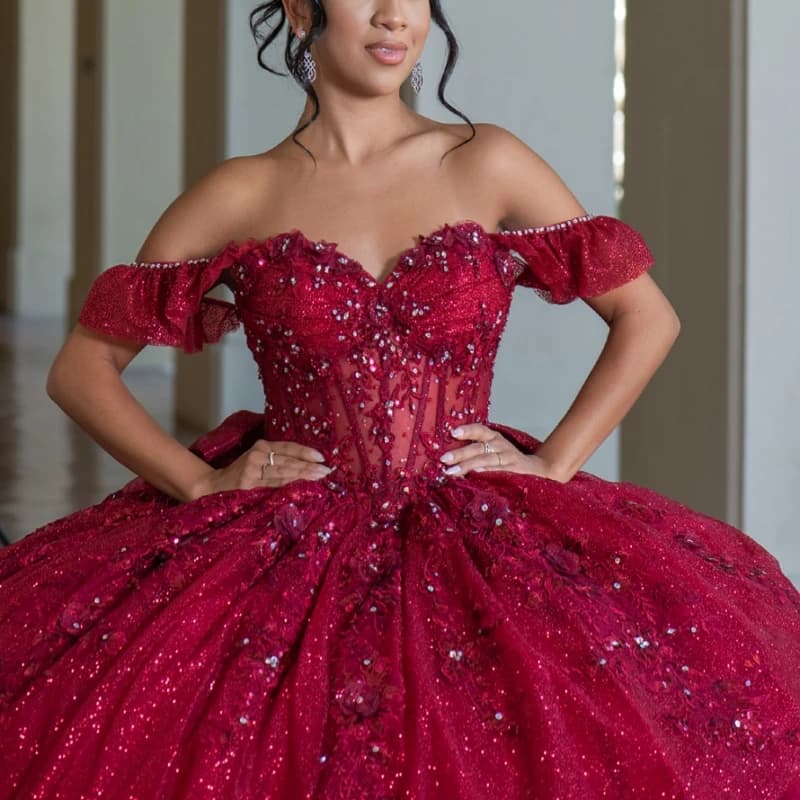 Abiti Quinceanera rossi lucidi con spalle scoperte Applique in pizzo con perline Fiocco di cristallo Corsetto in tulle Festa di compleanno Dolce 16 Dres Vestid