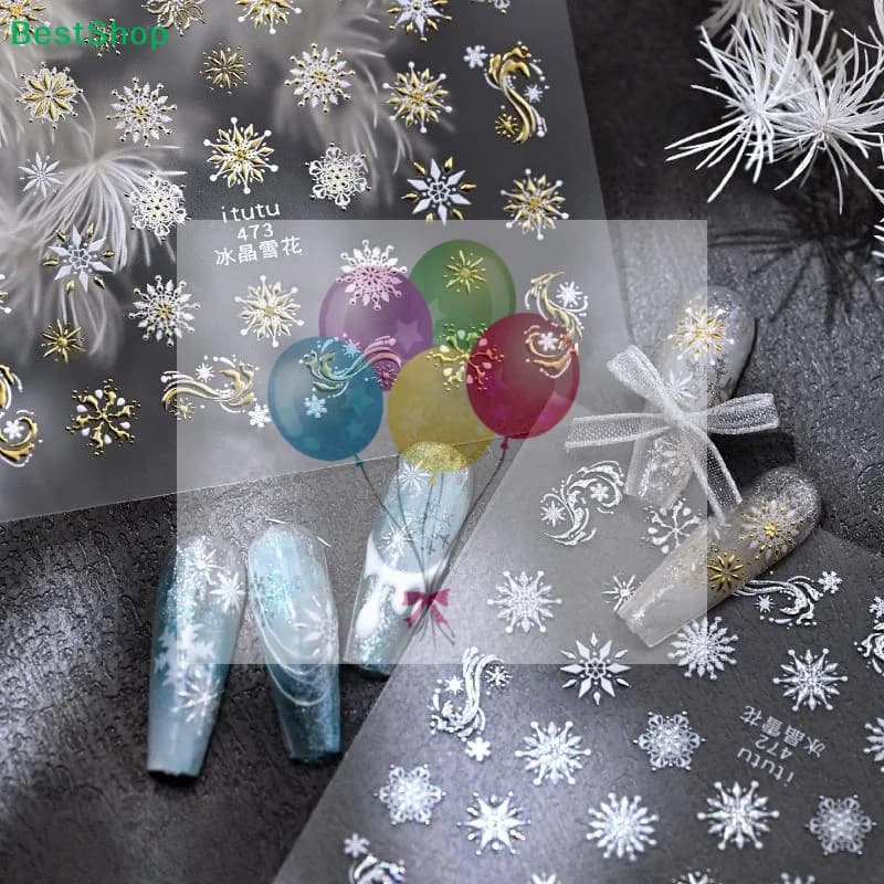 〔R〕Squisiti adesivi per unghie con fiocchi di neve natalizi e sfera di cristallo, decorazioni fai da te per nail art, accessori per unghie, decorazioni per manicure di Capodanno