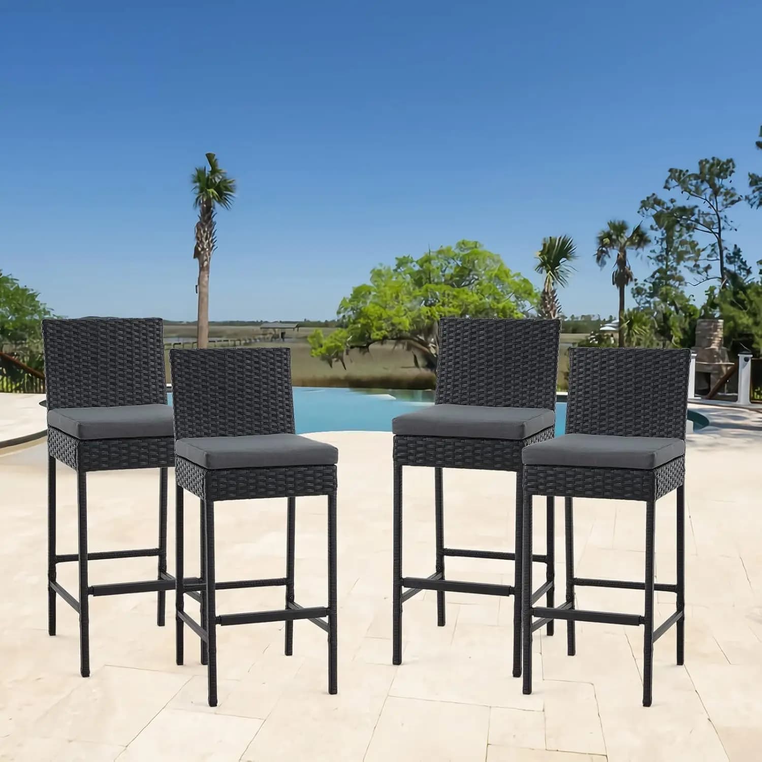 Outdoor Bar Stools Set of 4 Wicker Woven Patio Stools Patio Bar Chairs with Seat Cushion and Cozy Footrest Rattan Furniture