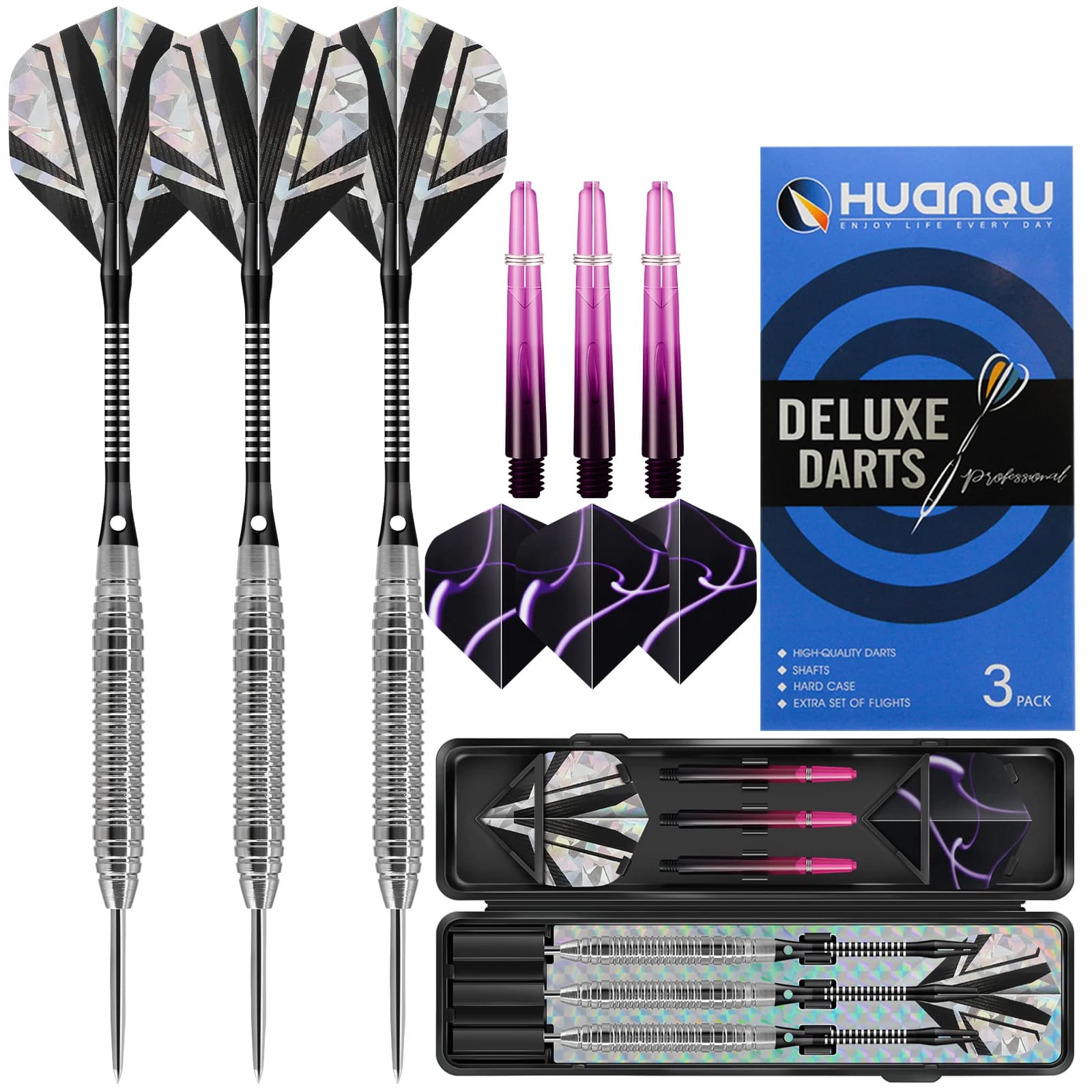 Set di freccette in ferro a tre pezzi Huanqu, freccette professionali con punta dura, set completo con freccette complete, alette per freccette extra, pietra per affilare, accessori per freccette, set di accessori per gioco di freccette per intrattenimento in famiglia e feste, adatto per allenamenti e competizioni indoor e outdoor, combinazione di colori premium, la prima scelta per gli appassionati di freccette, regalo di Pasqua/Regalo di San Valentino/Regalo di compleanno