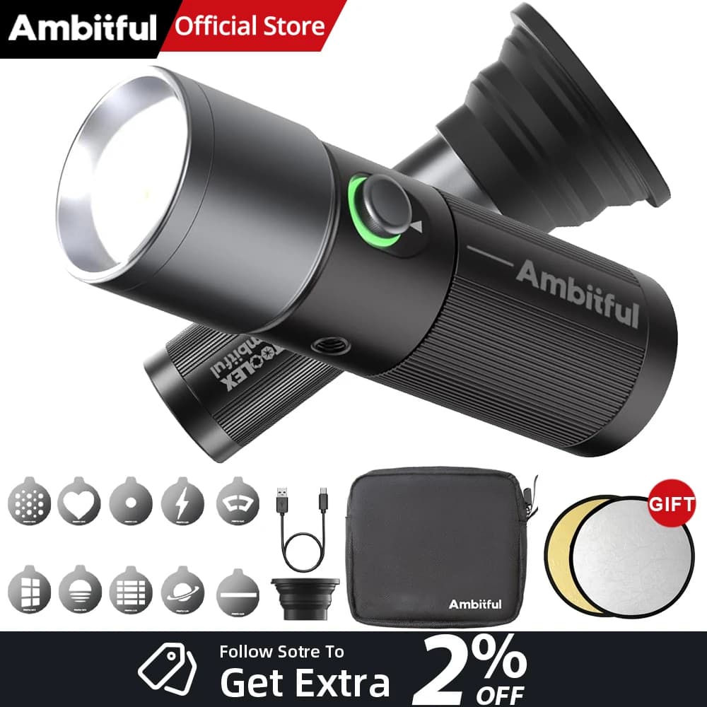 AMBITFUL Luce di Riempimento Video 10W con Regalo: Torcia Riflettente 2in1 con Proiezione, 4 Colori, 10 Carte Magnetiche Modellabili