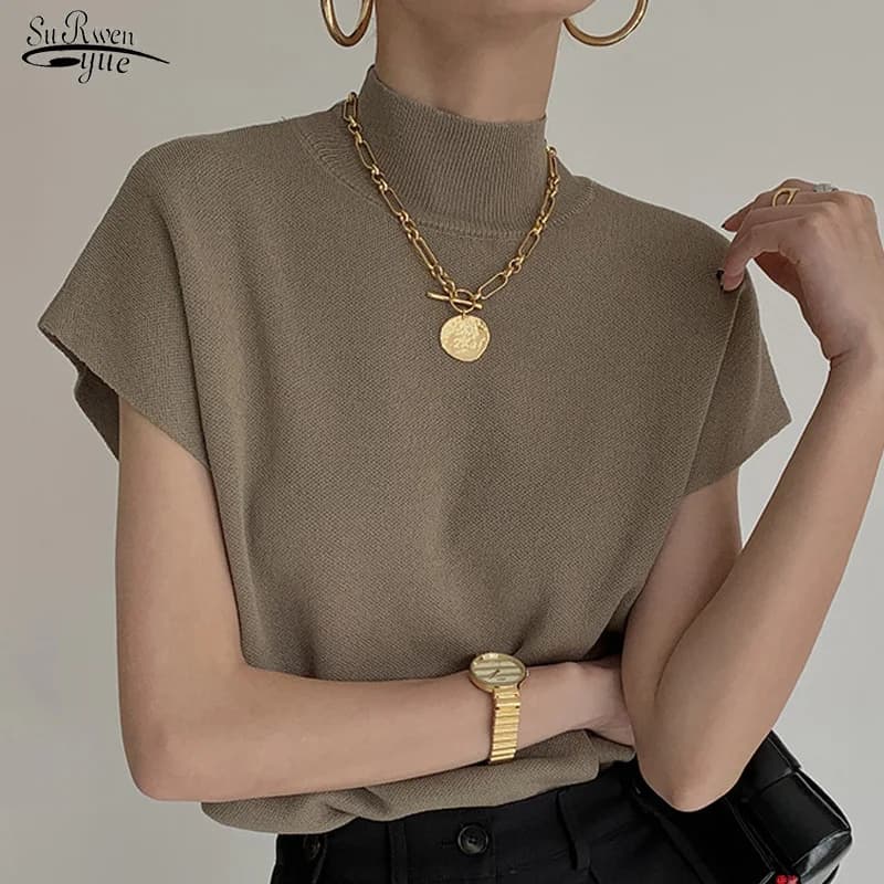 Camicetta lavorata a maglia solida estiva Gilet manica corta Top in maglia da ufficio T-shirt casual Camicia Moda Top allentato Donna Elegante 20397