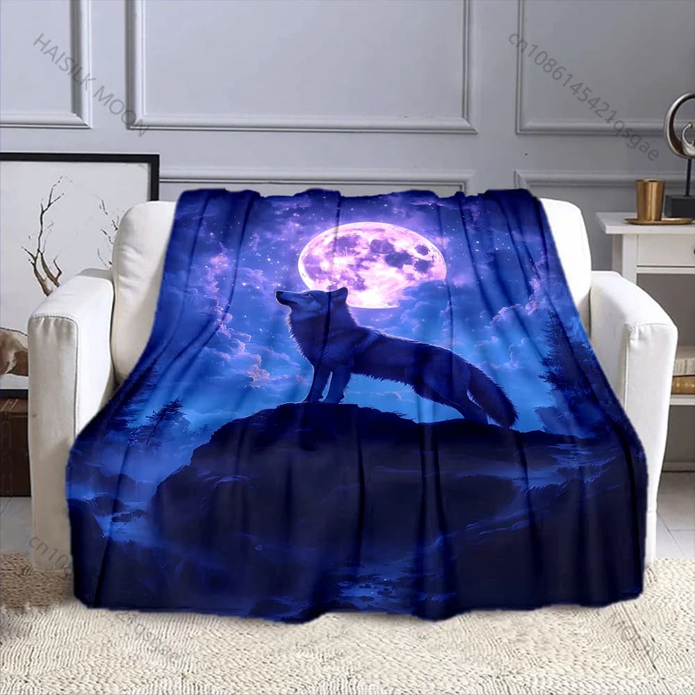 1PC Coperta calda con stampa lupo sulla cima rocciosa sotto la luna, per adulti e bambini, per casa, viaggio, auto, morbida e confortevole, adatta a tutte le stagioni
