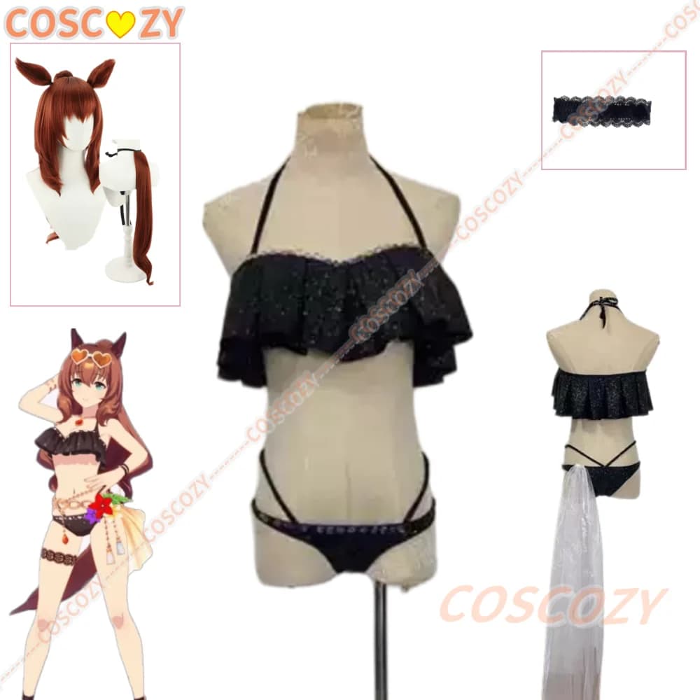 Costume Cosplay Anime Uma Musume Pretty Derby Maruzensky, Sexy Costume da Bagno Nero per Donna, Set Bikini, Parrucca, Orecchie, Coda e Accessori