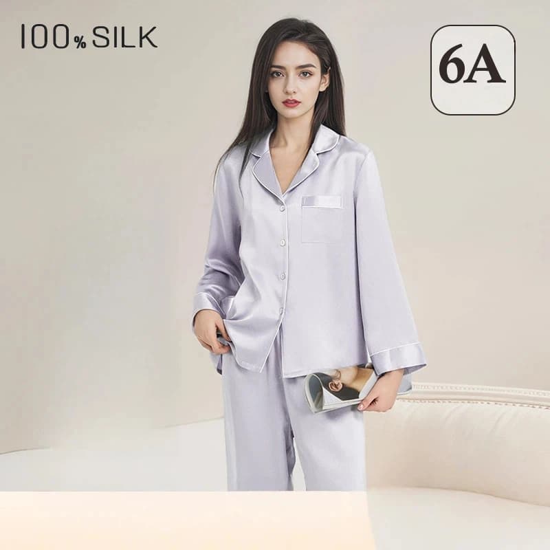 Pigiama in Seta di Gelso 100% 19 Momme per Donna, Set con Maniche Lunghe e Pantaloni Lunghi, Traspirante e Morbido, Abbigliamento da Notte