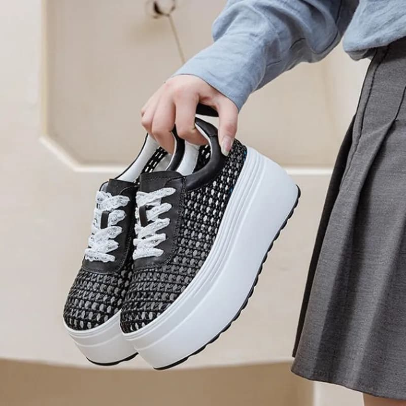 8cm Air Mesh Weave Microfiber Leather Fashion High Brand Platform Wedge Summer Comfy Shoes Hollow Sandals Women Chunky Sneakers