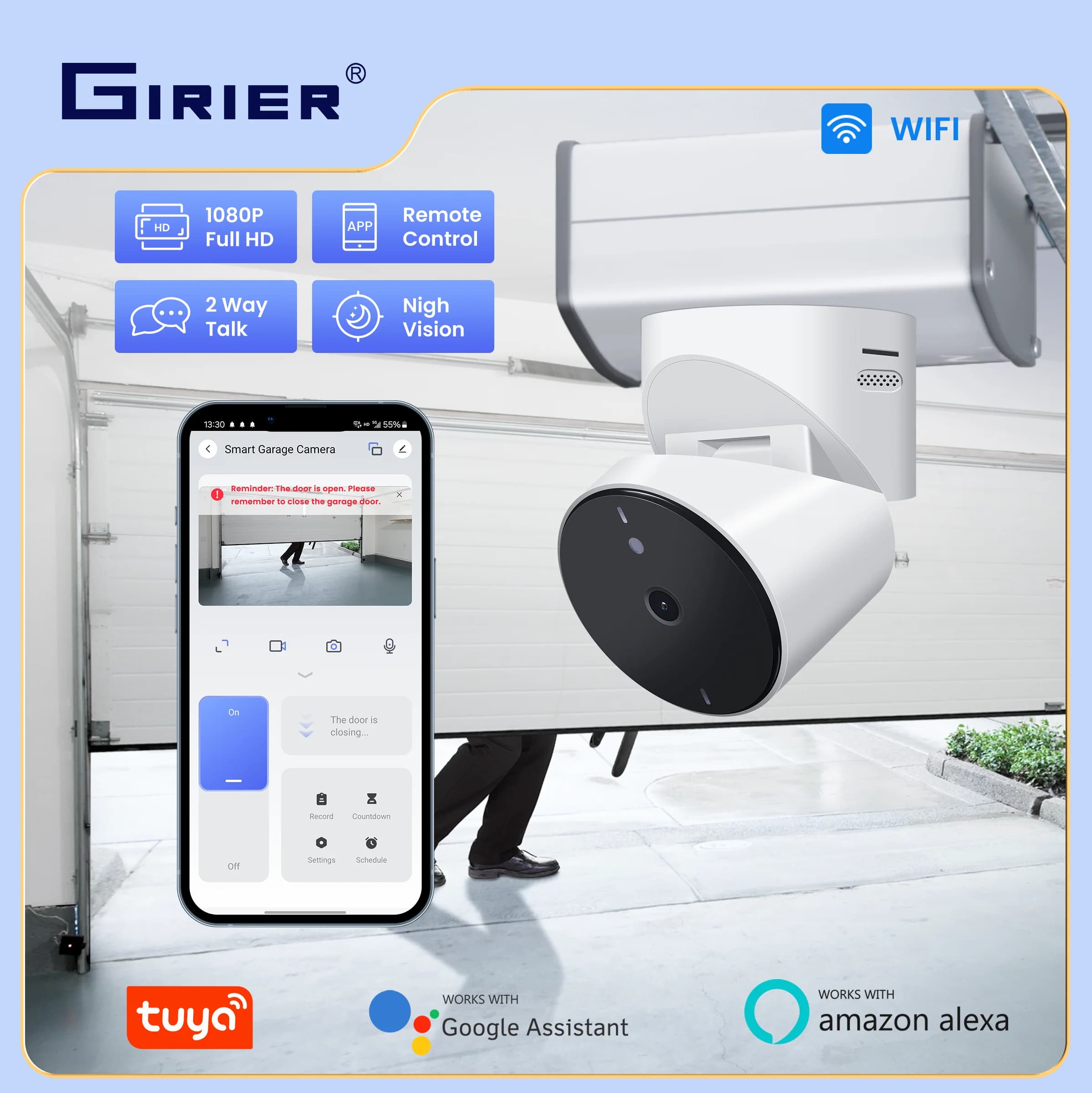 Opener for Garage Smart WiFi GIRIER with 1080P Monitoring Camera, Bidirectional Communication Support, Compatible with Alexa and Hey Google