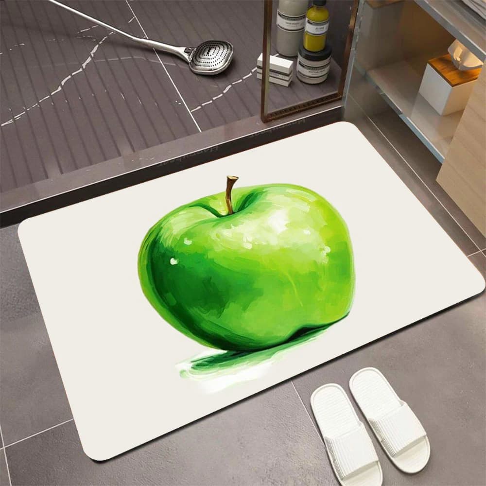 Oil Painting Single Green Apple Print Bath Mat Off White Base Fresh Fruit Quick Dry Absorbent Rug for Bathroom Shower Entrance